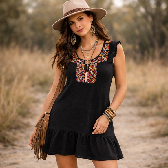 THML Boho Embroidered Knit Dress Small Ruffle Hem Sleeveless Black Nordstrom - Picture 1 of 8